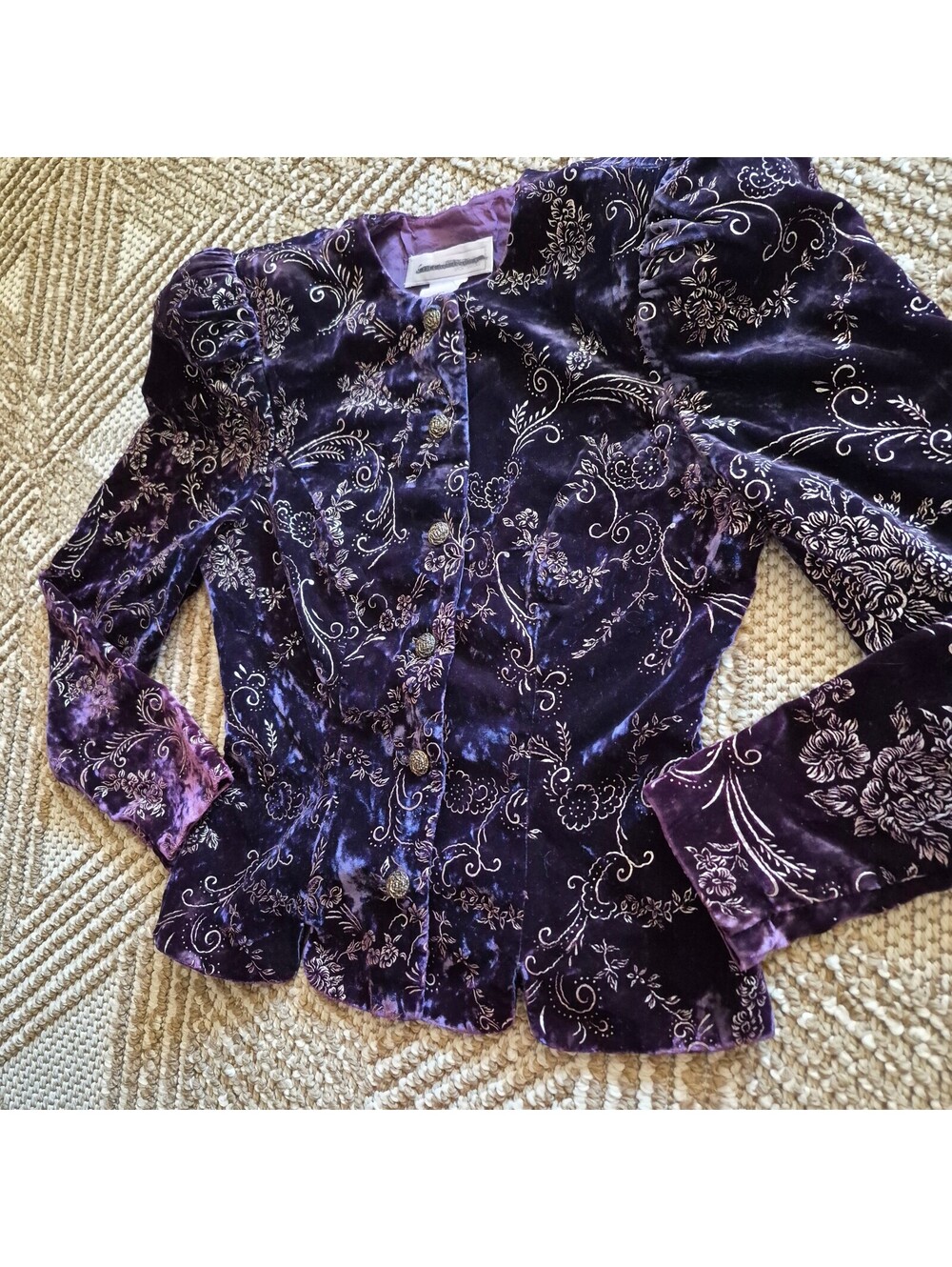 VTG 80s Purple Velvet Peplum Jacket Metallic Floral Blazer Whimsigoth Gothic S - Picture 7 of 7
